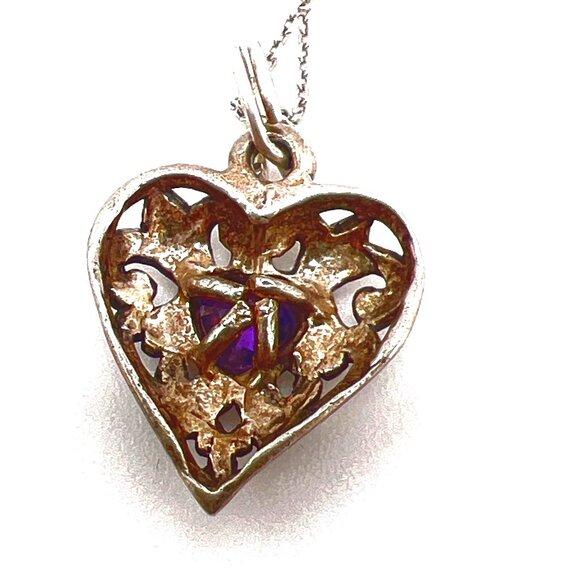Vintage Sterling Silver Heart Pendant Necklace Purple Stone & Intricate Design - Picture 6 of 11